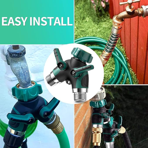 2-Way Heavy Duty ECO FRIENDLY Garden Hose Splitter Connector with 2 Valves Zinc Alloy Body and Rubberized Grip