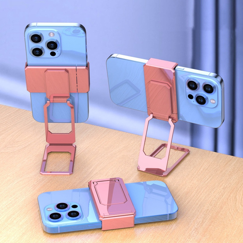 Upgraded Back Clip Type 360° Folding Bracket Free Adjustable Clip-On Phone Holder Magnetic attraction Aluminum Alloy Stretchable Buckle Phone Holder Two Per Set Silver And Rose Gold