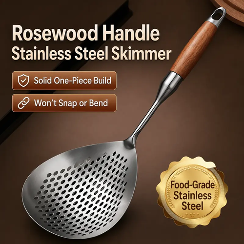 Wooden Handle Stainless Steel Skimmer, Skimmer Slotted Spoon, Ladle Spoon with Heat-Resistant Long Handle, Extra Thick Spider Strainer for Deep Frying, Boiling & Fast Oil Draining Two Per Set