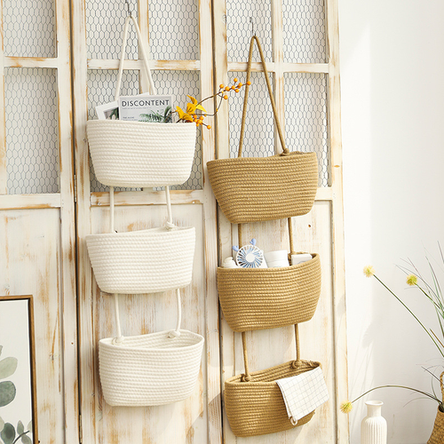 3-Tier Cotton Rope Hanging Wall Organizer Woven Storage Basket Over The Door Pocket for Nursery Bedroom Bathroom Boho Decor