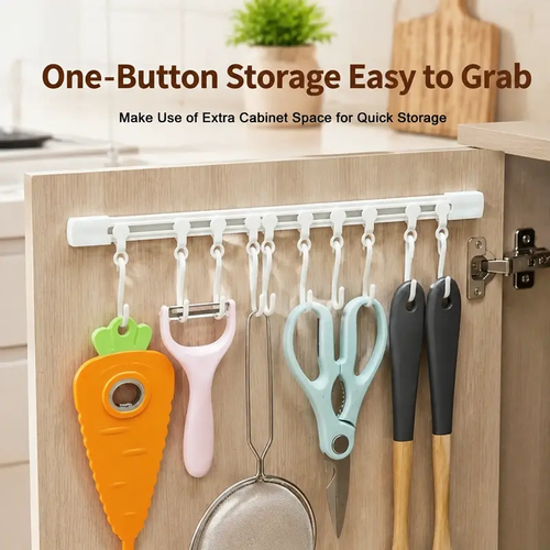 10-Hook Adjustable Multifunctional Slide Rail Adhesive Wall Organiser - Kitchen Utensil Holder, Cupboard Hanging Storage Rack for Bathroom, Bedroom 5-pack