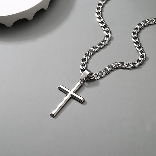 Stainless Steel Curb Chain Cross Pendant Necklace for Men No Tarnish Hip Hop Jewelry Cuban Chain Two Per Set one gold and one silver