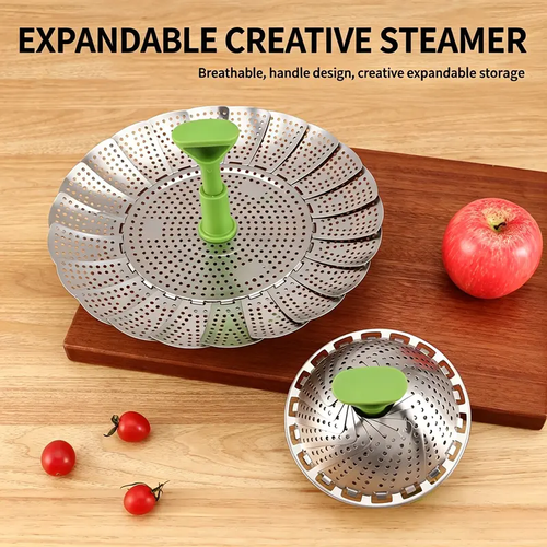 Vegetable Steamer Basket for Cooking Food, Stainless Steel Veggie Steam Basket for Pot, Folding Expandable Steaming Insert with Extendable Handle Fits Various Size Pot Two Per Set