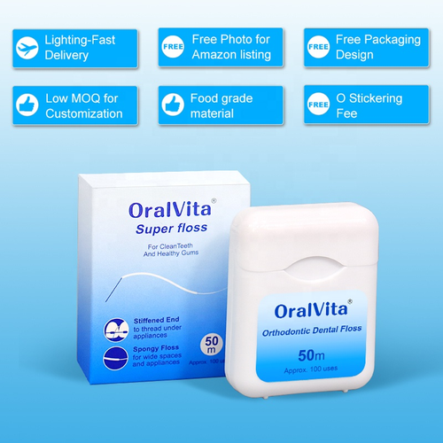 Eco Friendly Plastic Mint Waxed Dental Floss High Strength Expanding Polyester 50m in Square Box Plaque Removal Fresh Breath