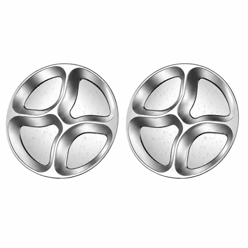 4 Compartment Stainless Steel Divided Plate, Portable Round Food Prep Tray, Reusable Separate Serving Plate for Kitchen Cooking, Camping, Picnic and Meal Prep Two Per Set
