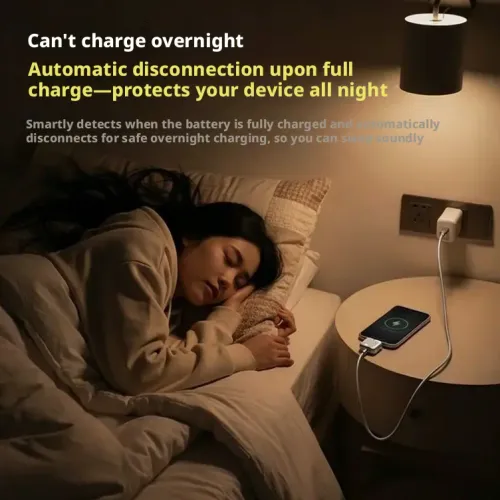Smart charger with auto-cutoff upon full charge to protect battery health  features overcharge protection and automatic power-off, suitable for Type-C devices.