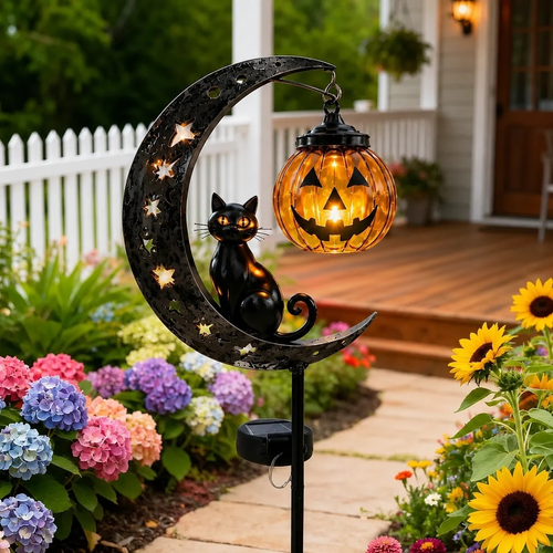Waterproof Metal Solar Stake Light Moon Black Cat Pumpkin Outdoor Yard Lawn LED Decor Lamp