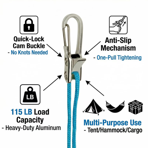 Rope Tightening Tool Tensioner Heavy-Duty Retractable Tie Down Rope for Camping Tarp Hammock Boating & Outdoor Gear Securing Pack of 2 Each With 3-Meter Rope.