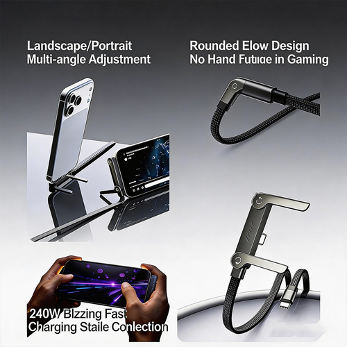 MAX 240W 5A Fast Charging USB Type-C to Type-C Ultra-Thin Flat Design Phone Stand Nylon Braided Data Cable for iPhone Durable Use