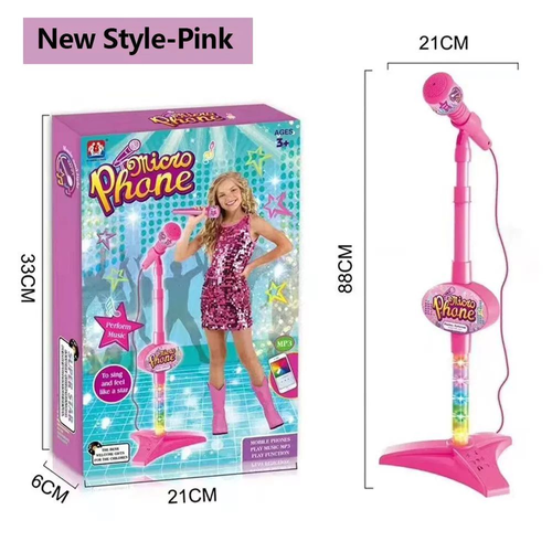 New Arrival Kids Educational Toy Microphone Pink with Stand Flashing Light MP3 Karaoke Song Music Instrument Toys for 3-10 Years