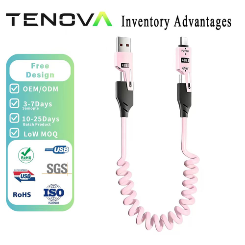 120W PD27W 4-in-1 USB Type C Super Fast Cable Chargeus 5A Quick Flash Charge 1.5m Pure Copper USB3 Pure Copper Data Cables IOS Pink Two Per Set