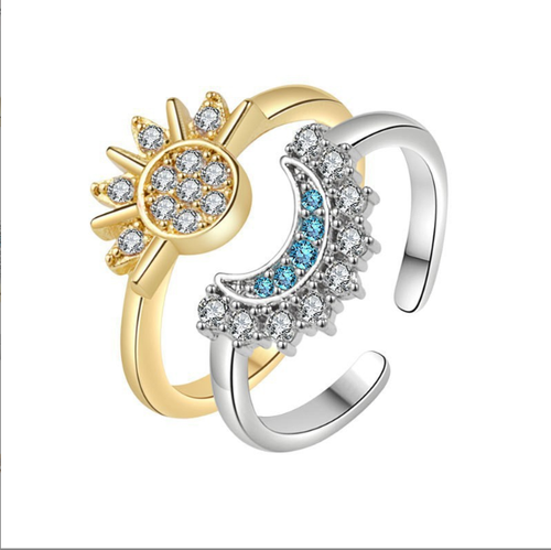 Sun Moon Tonghui Alloy Jewelry Set, Electroplated Open Diamond Pendant Necklace & Stackable Ring for Unisex Personality Matching Combo