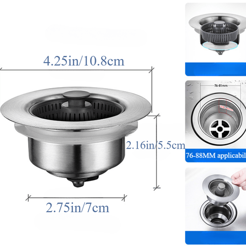 Stainless Steel Kitchen Sink Strainer Drain Stopper with Removable Wire Basket Anti-Odor Leak-Proof Fast Drainage for Home Use