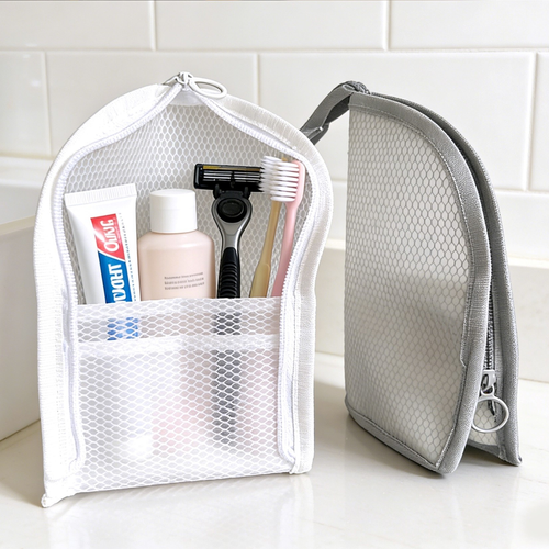 Mesh Zipper Toiletry Storage Pouch - Multi-Pocket Travel Cosmetic Organizer Bag for Bathroom Counter, Vacation Use Three Per Set（Black White Pink）