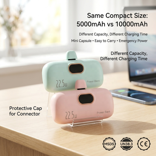 White Mini Disposable Power Bank 5000mAh Type-C Input 18W LED Display Capsule Power Bank