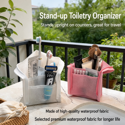 Mesh Zipper Toiletry Storage Pouch - Multi-Pocket Travel Cosmetic Organizer Bag for Bathroom Counter, Vacation Use Three Per Set（Black White Pink）