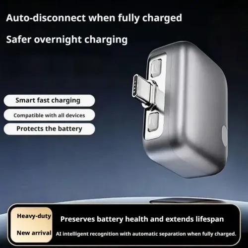 Smart charger with auto-cutoff upon full charge to protect battery health  features overcharge protection and automatic power-off, suitable for Type-C devices.