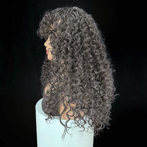 Glue-free, natural-style long curly wig in dark brown-black — includes wig cap and care solution.