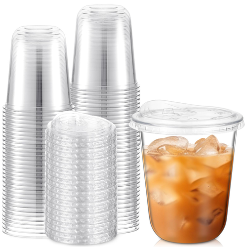 PET Crystal Clear Plastic Cups 14OZ With Lid Disposable Iced Coffee Cups with Lids for Cold Beverages 50Pack