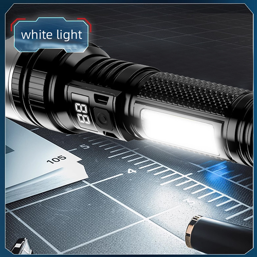 High Endurance Rechargeable Outdoor Camping Flashlight Two Per Set Waterproof IP54 1000+ Lumens LED Digital Display Adjustable Beam Red Blue