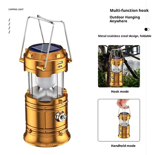 Solar Charging LED Camping Light Multi-Functional Portable Stretch Lantern for Tent Gold