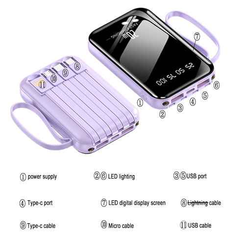 Mini 10000mAh Power Bank Multi-Function 4 in 1 Usb Cable Type C Fast Charging Data Cables Power Bank for All Phones With LED Flashlight Rose Red