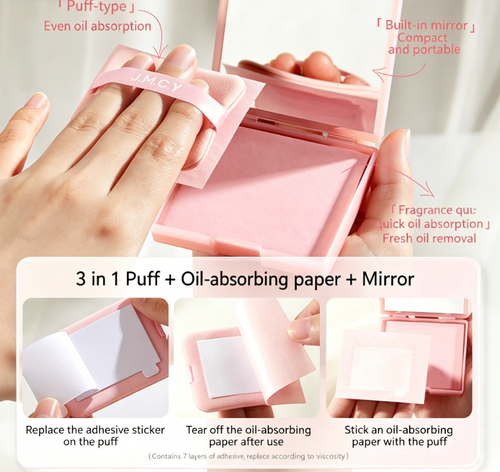 Portable oil-absorbing sheets with puff and mirror—controls oil and keeps skin feeling fresh and grease-free in summer.