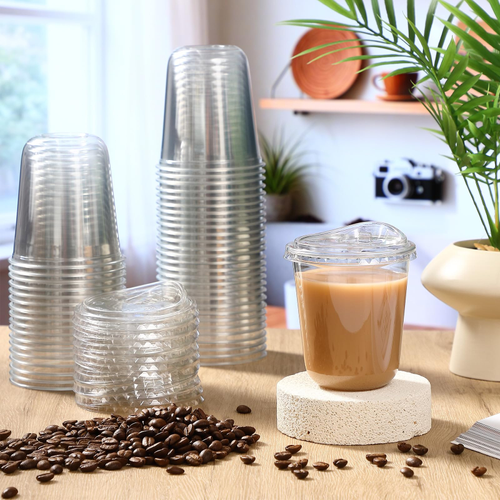 PET Crystal Clear Plastic Cups 14OZ With Lid Disposable Iced Coffee Cups with Lids for Cold Beverages 50Pack