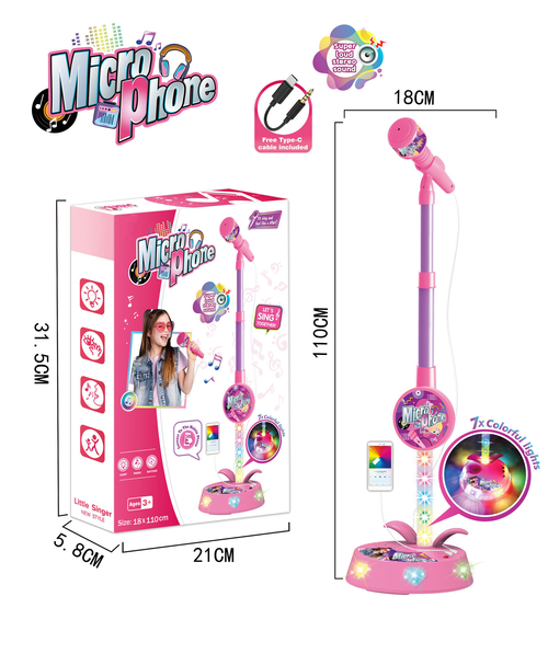 New Arrival Kids Educational Toy Microphone Pink with Stand Flashing Light MP3 Karaoke Song Music Instrument Toys for 3-10 Years