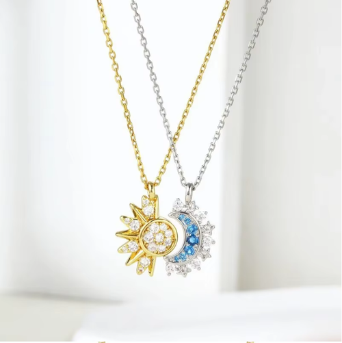 Sun Moon Tonghui Alloy Jewelry Set, Electroplated Open Diamond Pendant Necklace & Stackable Ring for Unisex Personality Matching Combo
