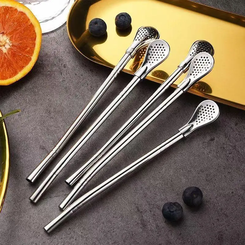 2-in-1 Stainless Steel Straw & Spoon, Reusable Drinking Straw with Stirring Spoon & Filter, Food-Grade Metal Straw for Coffee, Milk Tea, Juice & Smoothies Five Per Set