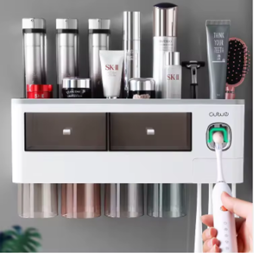 High Quality Wall-Mounted Toothpaste With Squeezer Perforation-free Bathroom Shelf Mouthwash Cup Toothbrush Holder 3 cups-transparent black