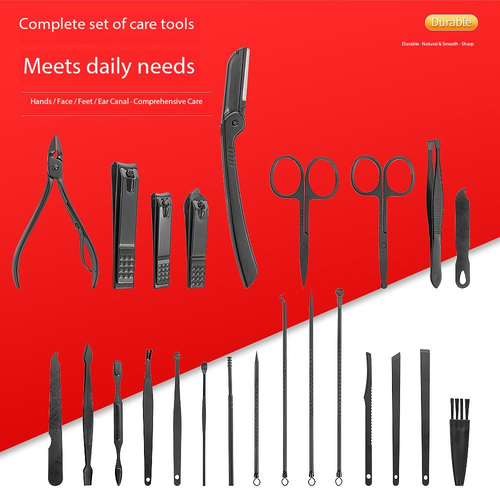 24pcs Black Red Stainless Steel Ear Care Tool Dead Skin Forks Nail Care Professional Kit Portable Grooming Care Kit