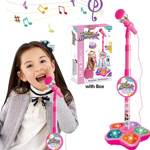 New Arrival Kids Educational Toy Microphone Pink with Stand Flashing Light MP3 Karaoke Song Music Instrument Toys for 3-10 Years