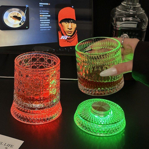 LED Light-Up Multi-color Rotating PC & Glass Modern Wine Cup-Bar KTV Glow Drinkware with Reusable Base (260ml Capacity)