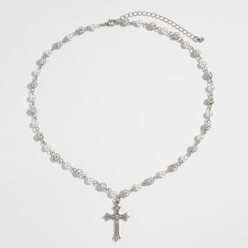 Trendy Inlay Rhinestone Shiny Disco Ball Beaded Cross Necklace for Men Charms Male Imitated Pearl Necklace Fashion Jewelry Gifts