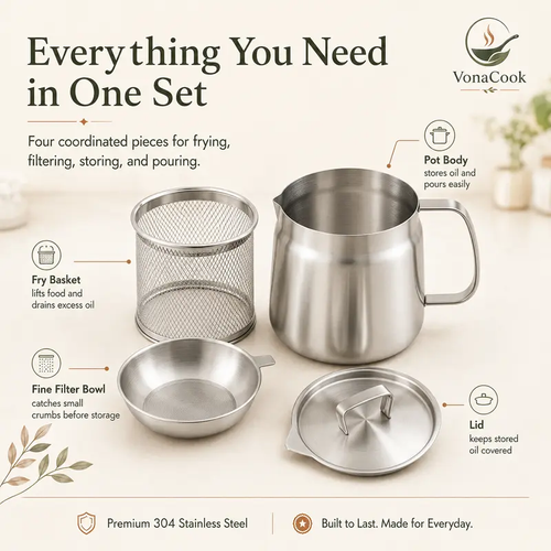 Stainless Steel Deep Fryer Pot with Basket & Strainer - Large Capacity Kitchen Cooking Accessories, Bacon Grease Oil Filter Container for Kitchen, Camping - Dishwasher Safe