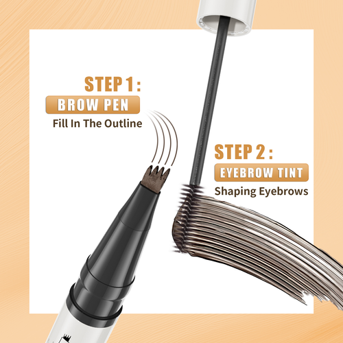Hellokiss New Four-Prong Eyebrow Pencil + Brow Tint  Set Vegan Long Lasting Hybrid Brush Soft Eyebrow Liquid Tint Gel No Wipe Dark Brown Two Per Set