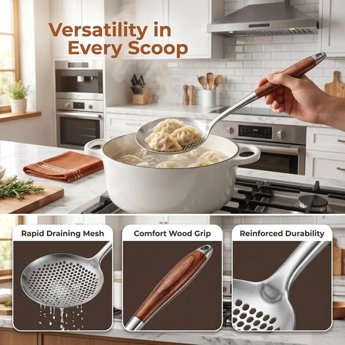 Wooden Handle Stainless Steel Skimmer, Skimmer Slotted Spoon, Ladle Spoon with Heat-Resistant Long Handle, Extra Thick Spider Strainer for Deep Frying, Boiling & Fast Oil Draining Two Per Set