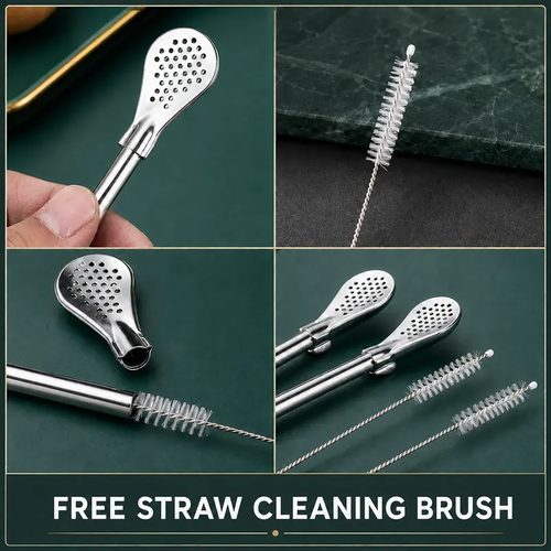 2-in-1 Stainless Steel Straw & Spoon, Reusable Drinking Straw with Stirring Spoon & Filter, Food-Grade Metal Straw for Coffee, Milk Tea, Juice & Smoothies Five Per Set