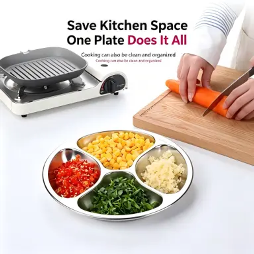 4 Compartment Stainless Steel Divided Plate, Portable Round Food Prep Tray, Reusable Separate Serving Plate for Kitchen Cooking, Camping, Picnic and Meal Prep Two Per Set