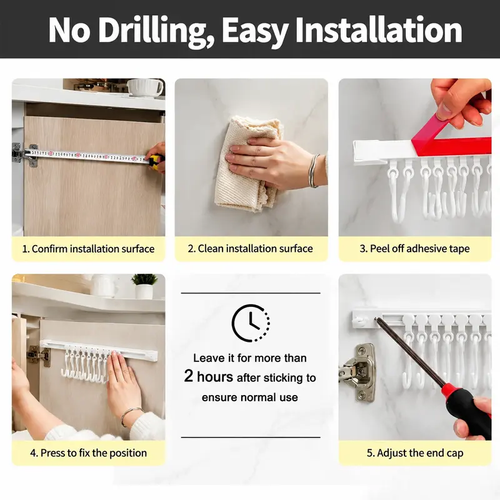 10-Hook Adjustable Multifunctional Slide Rail Adhesive Wall Organiser - Kitchen Utensil Holder, Cupboard Hanging Storage Rack for Bathroom, Bedroom 5-pack