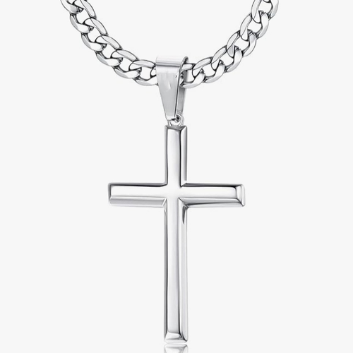 Stainless Steel Curb Chain Cross Pendant Necklace for Men No Tarnish Hip Hop Jewelry Cuban Chain Two Per Set one gold and one silver