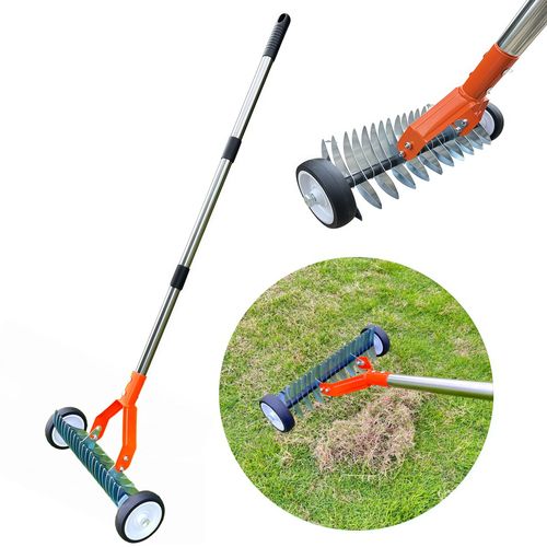 Rolling Lawn Rake with Wheels, Garden Weed Rake for Dethatching, Dry Grass & Leaf Removal, Soil Loosening Yard Cleaning Tool