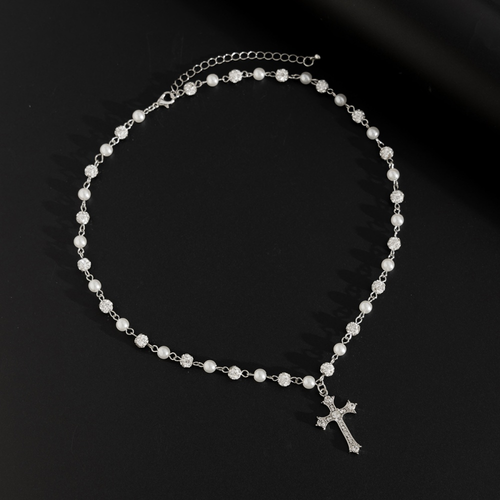 Trendy Inlay Rhinestone Shiny Disco Ball Beaded Cross Necklace for Men Charms Male Imitated Pearl Necklace Fashion Jewelry Gifts