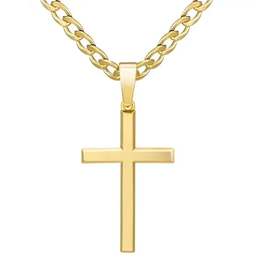Stainless Steel Curb Chain Cross Pendant Necklace for Men No Tarnish Hip Hop Jewelry Cuban Chain Two Per Set one gold and one silver