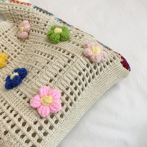 Fashion Handmade Crochet Tote Bag for Women Colorful Flower Knit Shoulder Bag Casual Boho Crossbody Bag for Daily Travel Beach