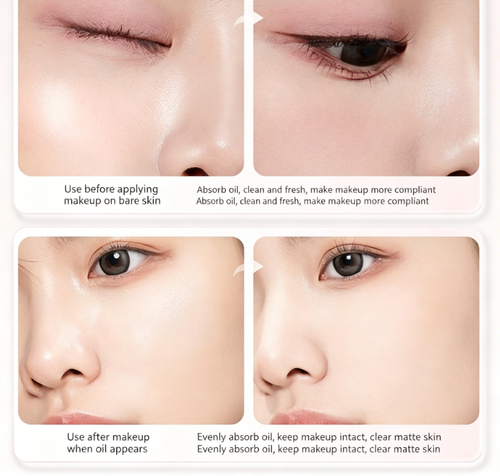 Portable oil-absorbing sheets with puff and mirror—controls oil and keeps skin feeling fresh and grease-free in summer.