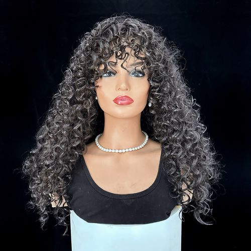 Glue-free, natural-style long curly wig in dark brown-black — includes wig cap and care solution.