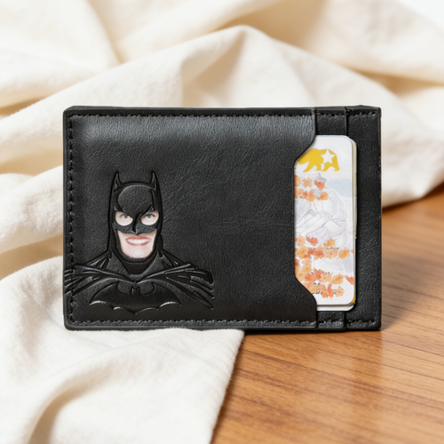 Leather Black Superhero Card Holder with Multiple Card Slots Print Leather Bat Wallet